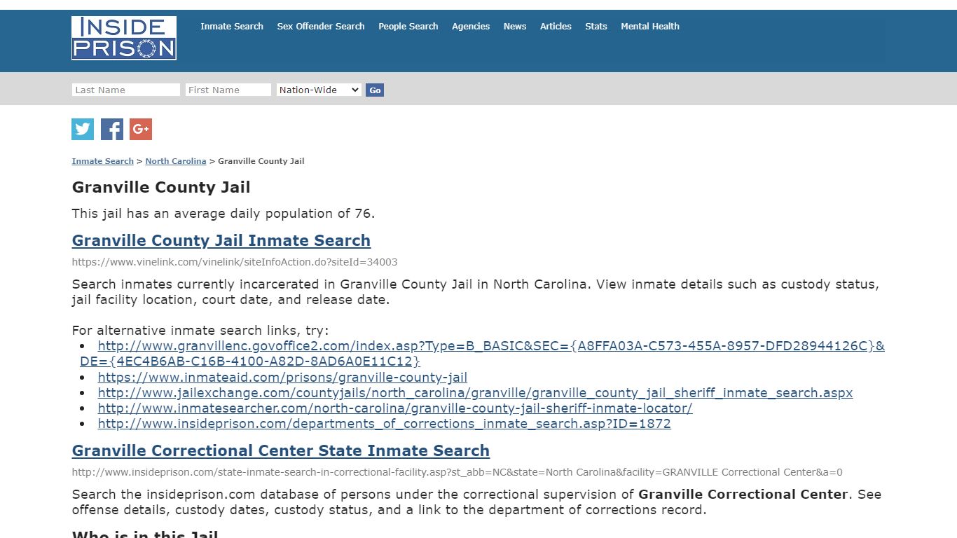 Granville County Jail - North Carolina - Inmate Search